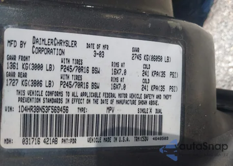 2003 Dodge Durango Sport/Sxt from USA, damaged, VIN 1D4HR38N53F569456